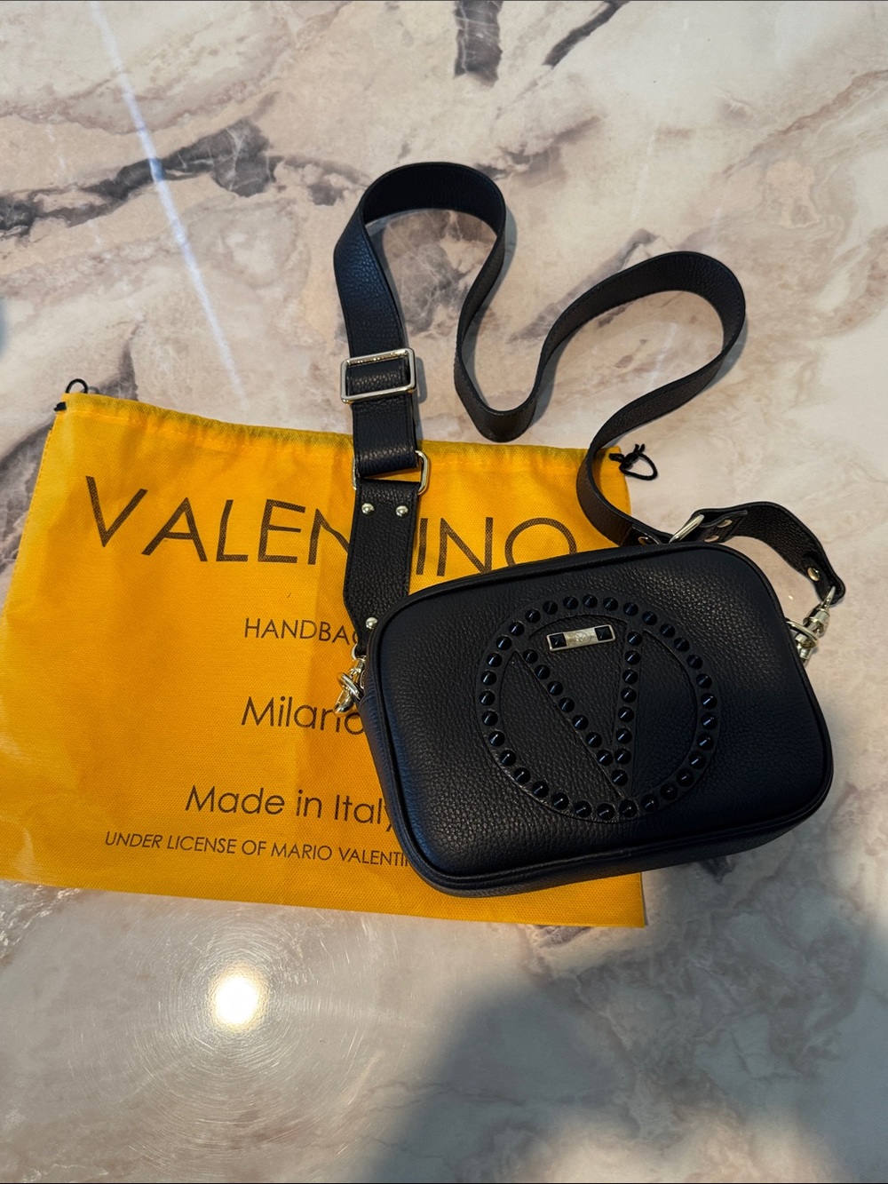 Valentino Black Pebbled Leather Studded V Crossbody
